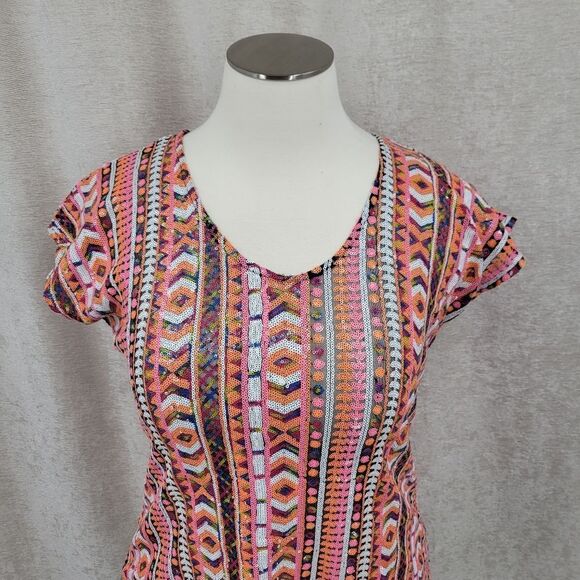 Sequin Mesh Vneck Top Shirt Colorful Pink Orange White Aztec Geometric - Picture 4 of 11